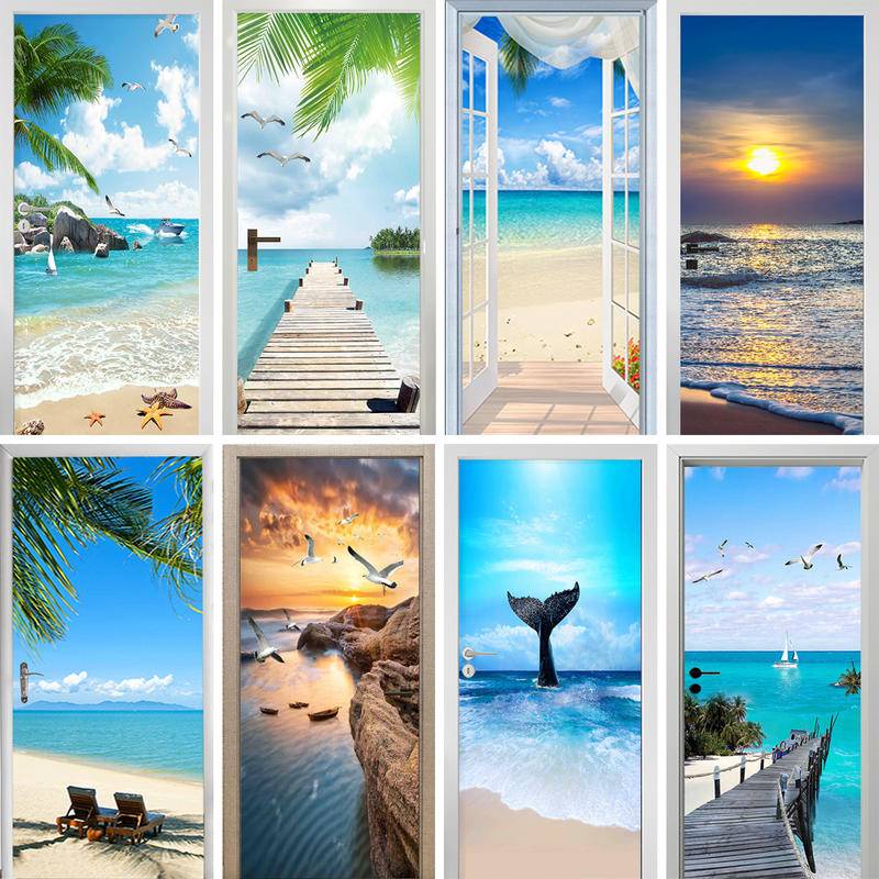 Sea View Beach สติกเกอร์วอลเปเปอร์ PVC ลายท้องฟ้า 3D มีกาวในตัว สําหรับติดตกแต่งผนังบ้าน