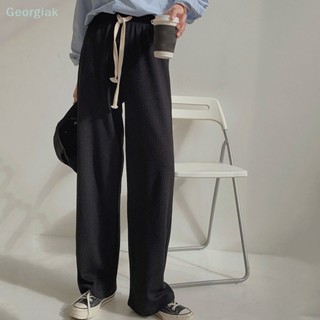 【Geor】กางเกงสแล็ค ขากว้าง เอวสูง ทรงหลวม สีชมพู