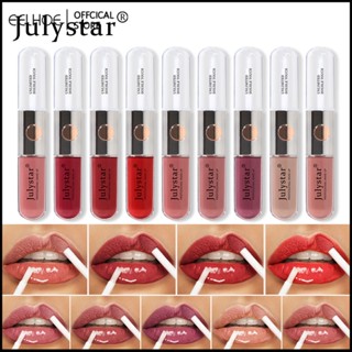 JULYSTAR ลิปกลอสกระจกสองหัวไม่ซีดจางและไม่ติดถ้วยวอเตอร์กลอสลิปกลอสกันน้ำเหงื่อลิปกลอสเครื่องสำอางความงาม-eelhoe