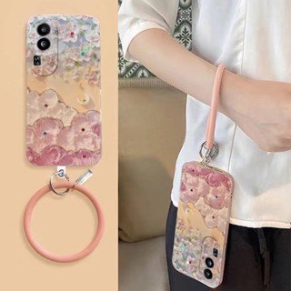 เคสโทรศัพท์มือถือ TPU ลายภาพวาดสีน้ํามัน รูปดอกไม้ พร้อมสายรัดข้อมือ ทรงกลม สําหรับ OPPO Reno10 Pro Plus Pro+ 5G