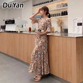 Du Yan ใหม่ ชุดเดรสกระโปรงยาว คอวี ทรงหลวม ลายดอกไม้ สไตล์ฝรั่งเศส ย้อนยุค แฟชั่นฤดูร้อน สําหรับสตรี