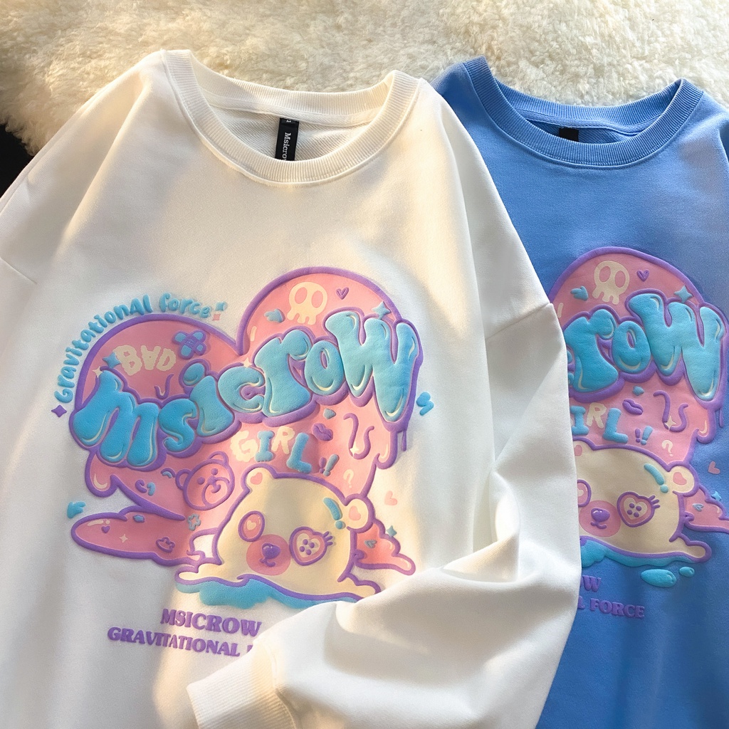 เสื้อกันหนาวลําลอง แขนยาว คอกลม ทรงหลวม ลายหมีรัก สไตล์เกาหลี สําหรับผู้หญิง