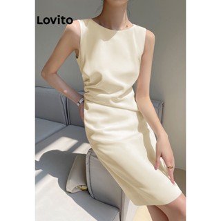 Lovito ชุดเดรส ผ่าข้าง สีพื้น สง่างาม สําหรับผู้หญิง L62ED154 (สีกากี)