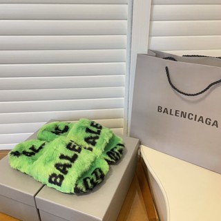 Balenciaga รองเท้าแตะ ขนกระต่าย ขนเฟอร์นุ่ม สีเขียว นําเข้า ให้ความอบอุ่น ใส่สบาย