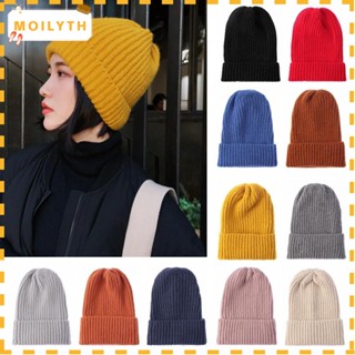 Moilyth หมวกบีนนี่ถัก ผ้าขนสัตว์ สีพื้น แบบหนา ให้ความอบอุ่น ลําลอง