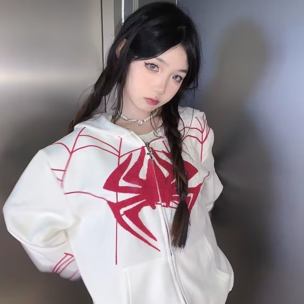 แฟชั่น Spider เย็บปักถักร้อย Hoodie สําหรับผู้หญิงลําลองหลวม Unisex Zipper Hoodie สําหรับ Unisex Spi