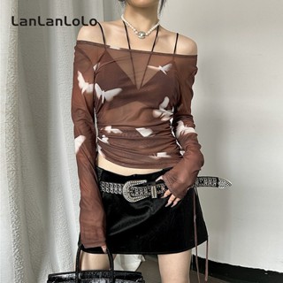 Lanlanlolo เสื้อท็อปลําลอง เปิดไหล่ ผ้าตาข่ายซีทรู พิมพ์ลาย เซ็กซี่ แฟชั่นสําหรับสตรี 2023