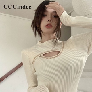 Cccindee ใหม่ เสื้อคาร์ดิแกนลําลอง แขนยาว คอสูง เข้ารูป สีพื้น แฟชั่นสําหรับสตรี 2023