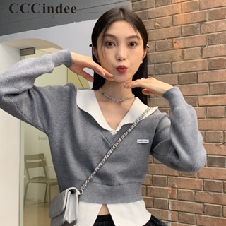 Cccindee ใหม่ เสื้อกันหนาวลําลอง แขนยาว คอวี เข้ารูป สีตัดกัน แฟชั่นสําหรับสตรี 2023