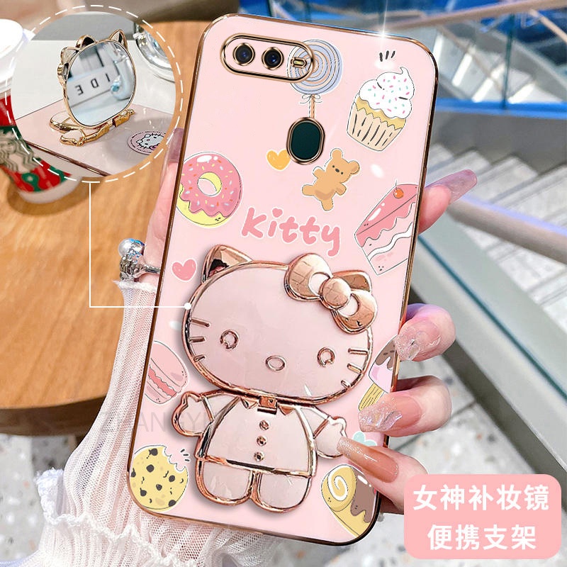 เคสโทรศัพท์มือถือ ซิลิโคนนิ่ม กันกระแทก ลาย Hello Kitty Cat 3D พร้อมกระจกแต่งหน้า แบบพกพา สําหรับ OPPO A5S A7 A12 OPPO F9 PRO