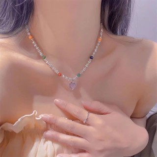 สร้อยคอโชคเกอร์ จี้ลูกปัดหัวใจ สีชมพู สีสันสดใส แฮนด์เมด แฟชั่นสําหรับผู้หญิง