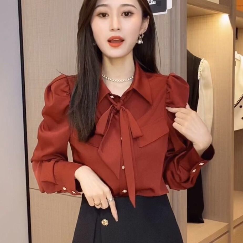 เสื้อเบลาส์ลําลอง แขนยาว ผ้าชีฟอง ผูกโบว์