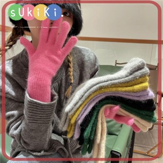 Sukiki ถุงมือผ้าขนสัตว์ ขนกระต่าย แบบเต็มนิ้ว ข้อมือยาว แฟชั่น หนา สีพื้น นุ่ม ฤดูหนาว ถุงมือฤดูใบไม้ร่วง ฤดูหนาว