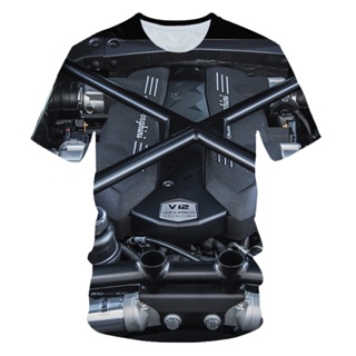 เสื้อยืดลําลอง แขนสั้น คอกลม พิมพ์ลายรถจักรยานยนต์ รถยนต์ V 12 Engine Power 3D แฟชั่นสําหรับเด็กผู้ชาย และผู้หญิง