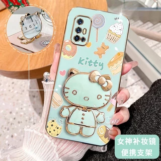 เคสโทรศัพท์มือถือ ซิลิโคนนิ่ม กันกระแทก ลาย Hello Kitty Cat 3D พร้อมกระจกแต่งหน้า แบบพกพา สําหรับ Vivo V17 V19 NEO V19