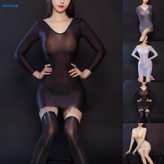 【HODRD】Dress Lingerie Nightwear Nylon Oil Shiny Glossy See Through Sheer Bodycon【Fashion】