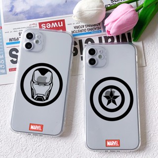 เคสโทรศัพท์มือถือแบบนิ่ม ใส กันรอยเลนส์ ลายโลโก้ Marvel Hero Iron Man Captain America สําหรับ iPhone 15 14 13 Mini 12 11 Pro Max 7 8 Plus SE 2020 X XR Xs Max