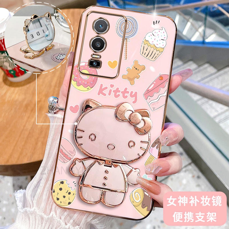 เคสโทรศัพท์มือถือ ซิลิโคนนิ่ม กันกระแทก ลาย Hello Kitty Cat 3D พร้อมกระจกแต่งหน้า แบบพกพา สําหรับ Vivo Y76 5G
