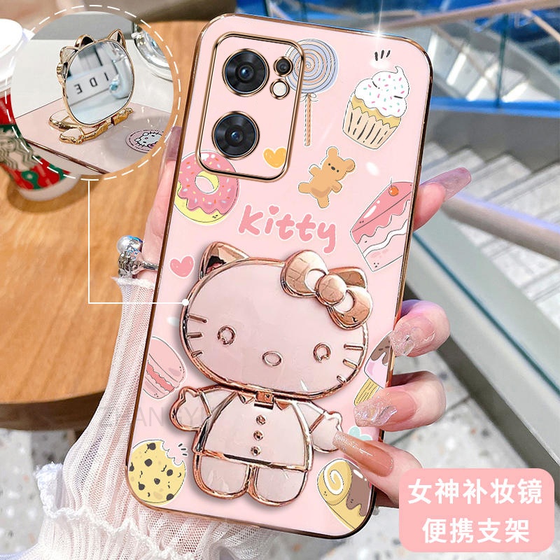 เคสโทรศัพท์มือถือ ซิลิโคนนิ่ม กันกระแทก ลาย Hello Kitty Cat 3D พร้อมกระจกแต่งหน้า แบบพกพา สําหรับ OPPO RENO 7 5g RENO 7 pro RENO 7 SE