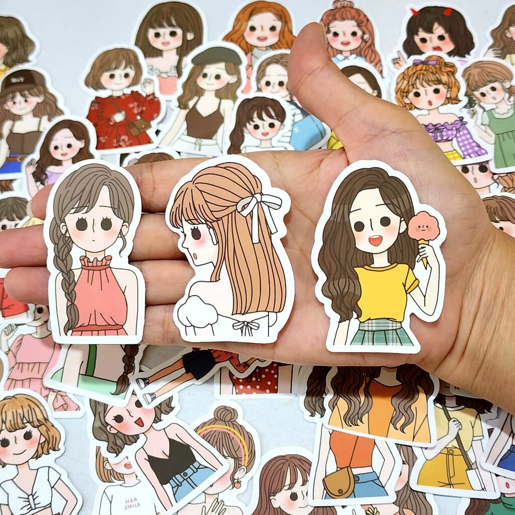 สติ๊กเกอร์ ผู้หญิงสาวสวย แต่งตัวชิคๆ น่ารักๆ ติดแน่น กันน้ำ (60 ชิ้น) girl sticker