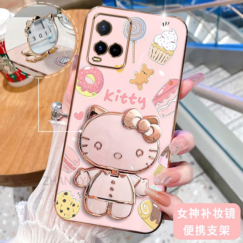 เคสโทรศัพท์มือถือ ซิลิโคนนิ่ม กันกระแทก ลายแมวเฮลโลคิตตี 3D พร้อมกระจกแต่งหน้า แบบพกพา สําหรับ VIVO Y21 2021 Y33S Y21S 4G Y21T Y33T Y21A Y21G
