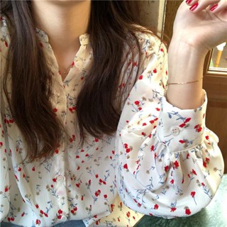 เสื้อเชิ้ต คอวี ผ้าชีฟอง ลายดอกไม้ ทรงหลวม สําหรับผู้หญิง