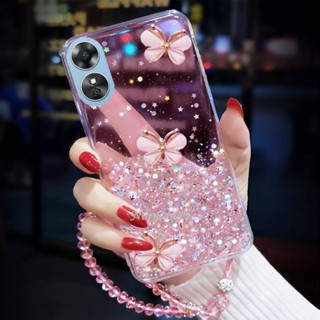 ขายดี เคสโทรศัพท์มือถือแบบนิ่ม TPU ใส กันกระแทก ลายผีเสื้อ 3D พร้อมสร้อยข้อมือคริสตัล และเลื่อม สําหรับ Oppo A58 4G Oppo A78 NFC 4G