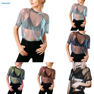 【HODRD】Blue Womens See Through Mesh Shiny Sheer Top T Shirt Casual Blouse Tee Clubwear【Fashion】