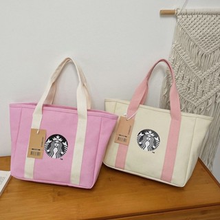 กระเป๋าอาหารกลางวัน ผ้าแคนวาส PU ลาย Starbuckss สีชมพู แบบพกพา สร้างสรรค์