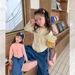 【Kid Fashion】เสื้อยืดคาร์ดิแกน แขนยาว ติดกระดุม สไตล์เกาหลี สําหรับเด็กผู้หญิง (2-12 ปี) (4 สี)