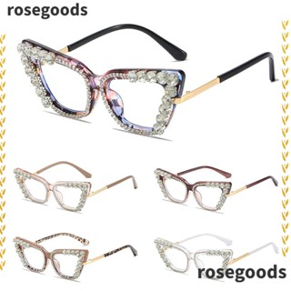 Rosegoods1 แว่นตาผู้หญิง เพชรเทียม ทรงตาแมว กรอบแว่นตาคริสตัล วิบวับ วินเทจ เพชร ไม่แต่งหน้า แว่นตาธรรมดา เหมาะสําหรับงานปาร์ตี้