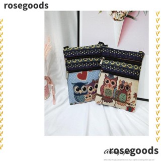 Rosegoods1 กระเป๋าสะพายข้าง ผ้าแคนวาส พิมพ์ลายการ์ตูนนกฮูก มีซิปคู่ ขนาดเล็ก คุณภาพสูง สําหรับผู้หญิง