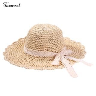 Twowood ผู้หญิง โครเชต์ถัก ฟาง พับ ลูกไม้ ริบบิ้น หมวกกันแดด หมวกชายหาด Sunhat