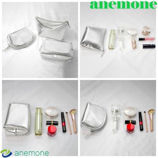 Anemone กระเป๋าเครื่องสําอาง หนัง PU ทรงสี่เหลี่ยมผืนผ้า สีเงิน กระเป๋าเดินทาง ลิปสติก รูปตัว T สีพื้น เรียบง่าย