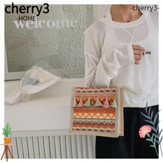 Cherry3 กระเป๋าถือ กระเป๋าสะพายไหล่ ผ้าลินิน หนัง PU แต่งพู่ มีซิป แฟชั่นฤดูร้อน สําหรับสตรี