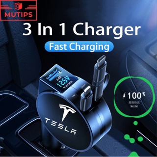 Tesla สําหรับรถยนต์ 3 in 1 โทรศัพท์มือถือ สายต่อเครื่องชาร์จ อะแดปเตอร์ซ็อกเก็ตที่จุดบุหรี่ 3 Model Y S X