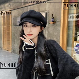 Yunhi หมวกเบเร่ต์แปดเหลี่ยม ป้ายสีทอง หมวกข่าว หมวกเมฆ หลวม ยอดนิยม ฤดูใบไม้ร่วง หมวกผู้หญิง