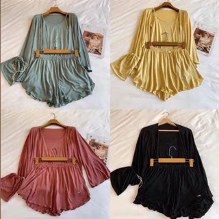 ชุดนอน เสื้อคลุม ชุดชั้นใน ผ้าฝ้าย แบบนิ่ม ทรงหลวม สําหรับผู้หญิง 3 ชิ้น