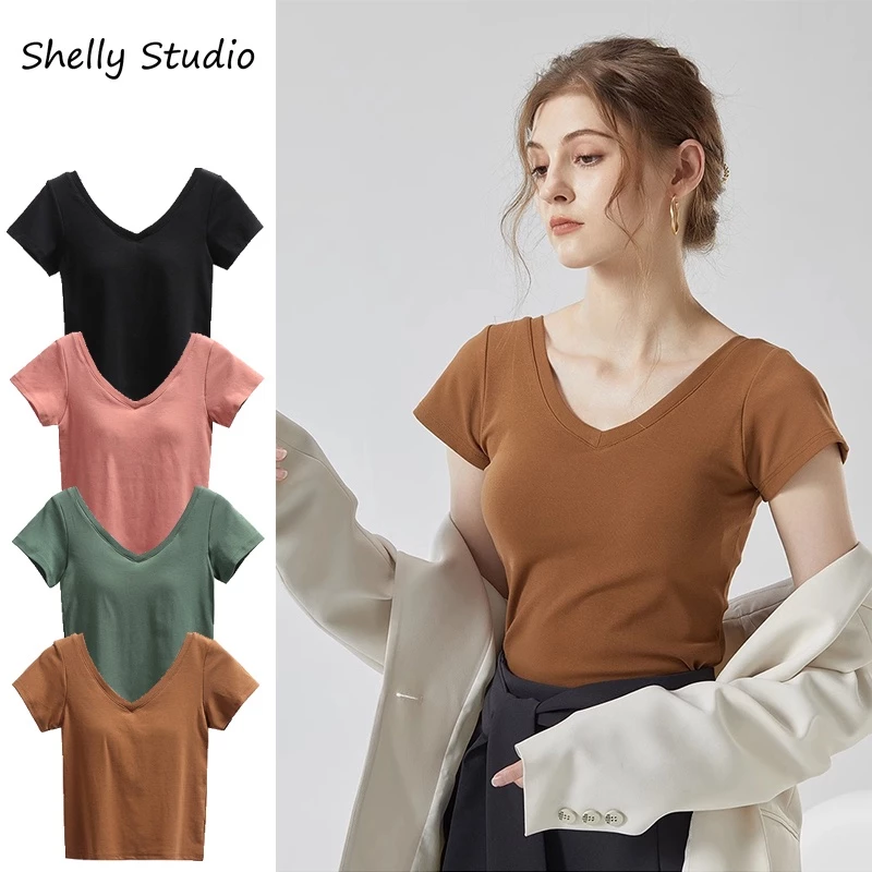 พร้อมส่ง เสื้อยืดลําลอง คอวี แขนสั้น เสริมฟองน้ํา ระบายอากาศ สําหรับสตรี ไซซ์ S-XL