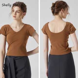 พร้อมส่ง เสื้อยืดลําลอง คอวี แขนสั้น เสริมฟองน้ํา ระบายอากาศ สําหรับสตรี ไซซ์ S-XL