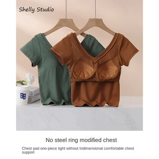 พร้อมส่ง เสื้อยืดลําลอง คอวี แขนสั้น เสริมฟองน้ํา ระบายอากาศ สําหรับสตรี ไซซ์ S-XL