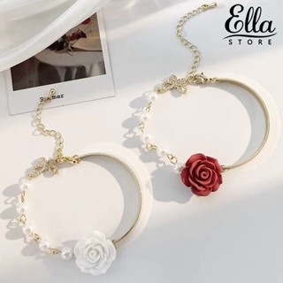 Ellastore123 สร้อยข้อมือ กําไลข้อมือ ชุบไฟฟ้า รูปดอกกุหลาบ ประดับโบว์ ไข่มุกเทียม ปรับได้ คุณภาพสูง เครื่องประดับ สําหรับผู้หญิง