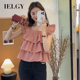 Ielgy เสื้อเชิ้ตแขนสั้น คอสี่เหลี่ยม สไตล์ฝรั่งเศส แฟชั่นฤดูร้อน