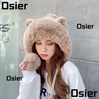 Osier1 หมวกบีนนี่ ผ้ากํามะหยี่ขนนิ่ม แต่งหูแมว ให้ความอบอุ่น สําหรับผู้หญิง เล่นสกี