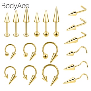 Bodyace 1 ชิ้น สีทอง หนามยาว เจาะจมูก สเตนเลส แหวนปาก กระดูกอ่อน ต่างหู ร็อค พังก์ โคน รูจมูก