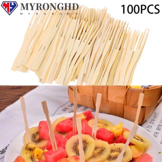 Myronghd ส้อมไม้ไผ่ แบบใช้แล้วทิ้ง สําหรับจิ้มผลไม้ 100 ชิ้น