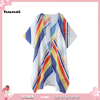 Han_ เสื้อคลุมคาร์ดิแกน ผ้าชีฟอง แขน 3/4 ป้องกันแดด ลายทาง สําหรับผู้หญิง