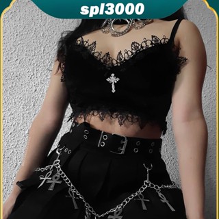 เสื้อครอปท็อป แต่งลูกไม้ เปิดหลัง สไตล์พังก์ สําหรับชายหาด 1/2/3