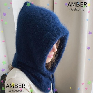 Amber หมวกไหมพรมถัก แบบหนา ป้องกันหู ให้ความอบอุ่น สีพื้น แฟชั่นฤดูหนาว สําหรับผู้หญิง