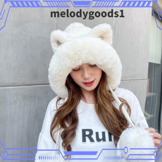 Melodygoods1 หมวกบีนนี่ ผ้าถัก แต่งขนปุย ลายการ์ตูนหูแมวน่ารัก ให้ความอบอุ่น สําหรับผู้หญิง